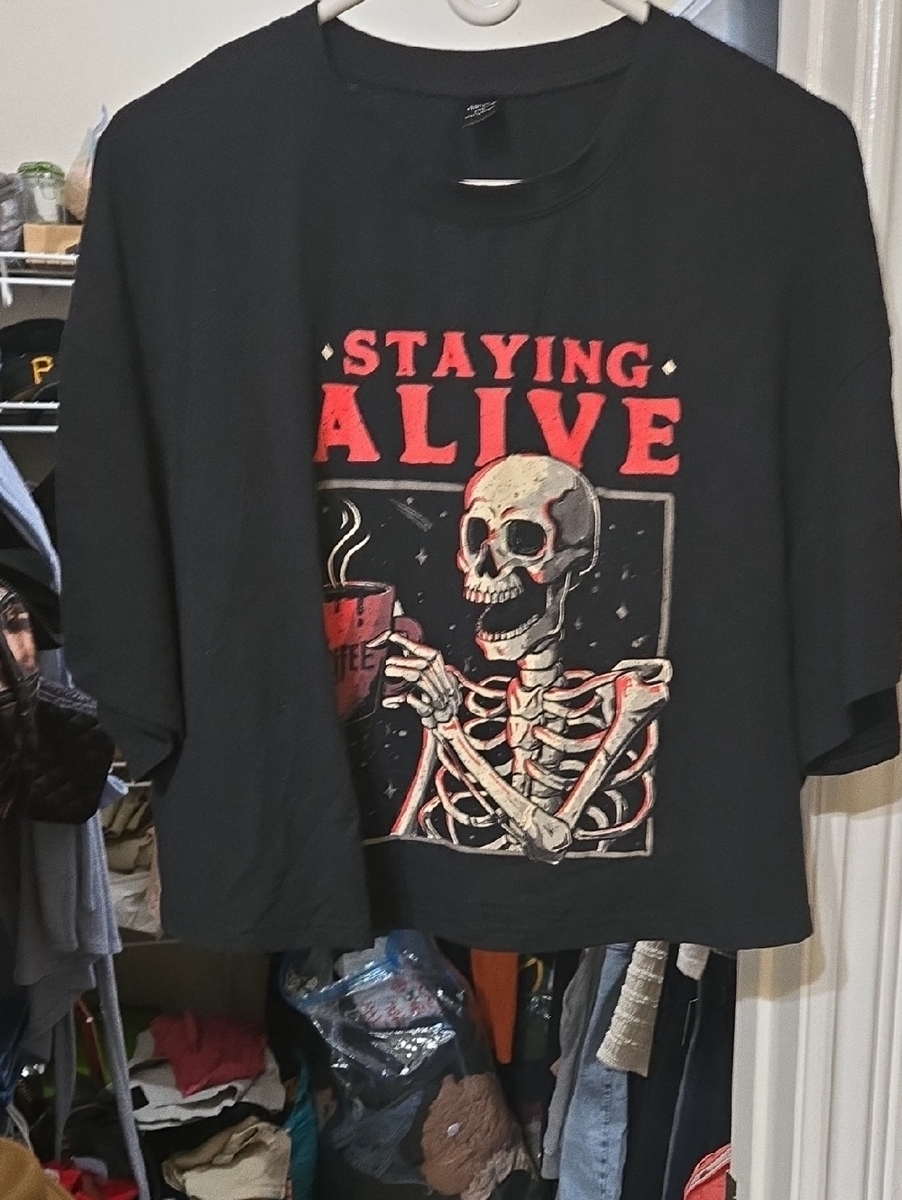 Staying Alive Skeleton Graphic Tee - Black with Red and Cream